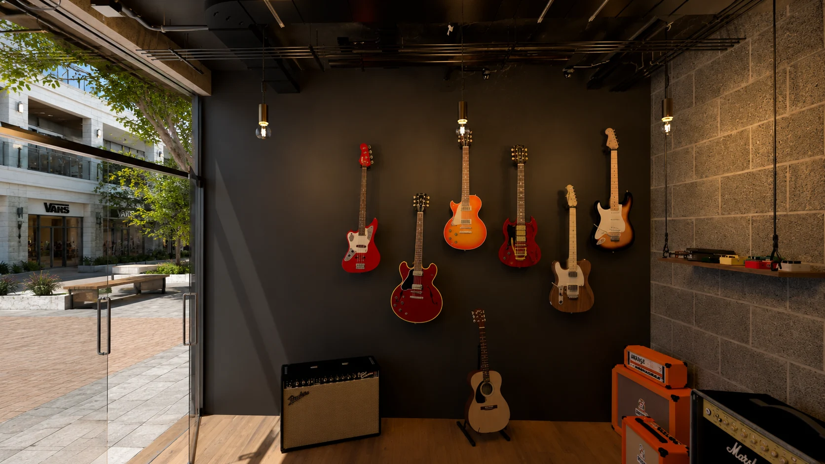 Render de espacio comercial con guitarras y exhibidores