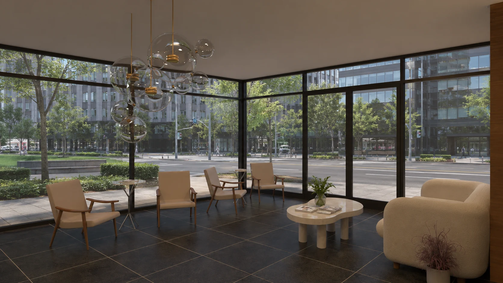 Render de recepción con ventanales y mobiliario de espera