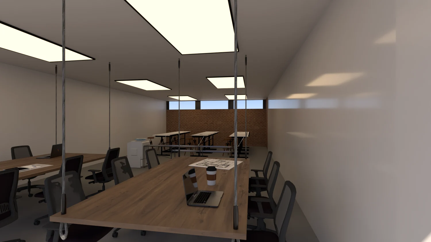 Render de salón con mesas, sillas y entrada de luz natural