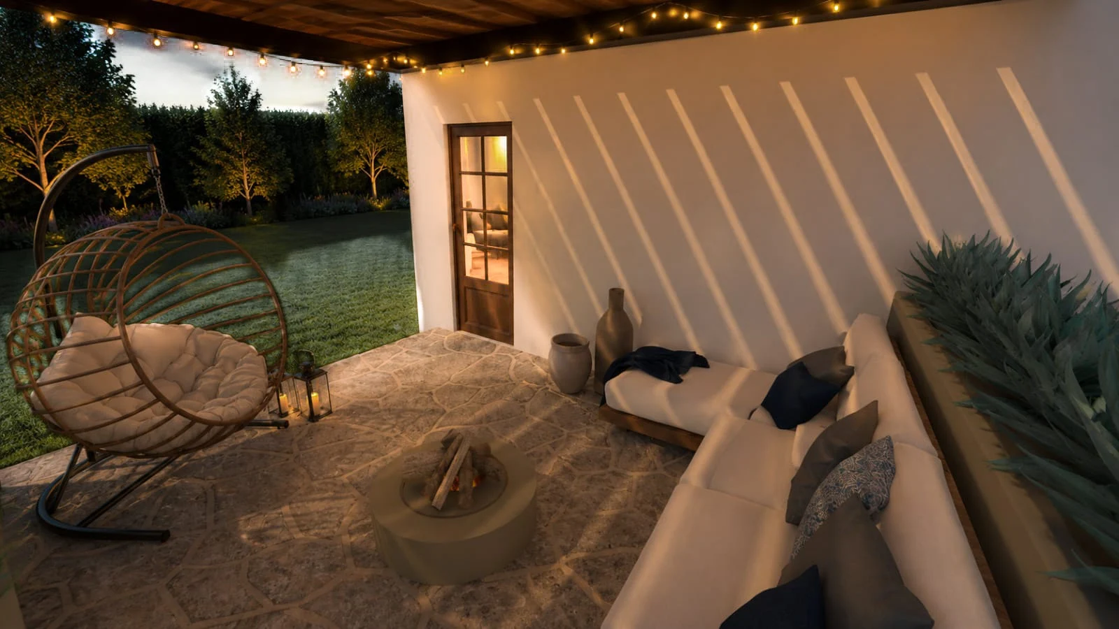 Render de terraza iluminada con asientos y vegetación