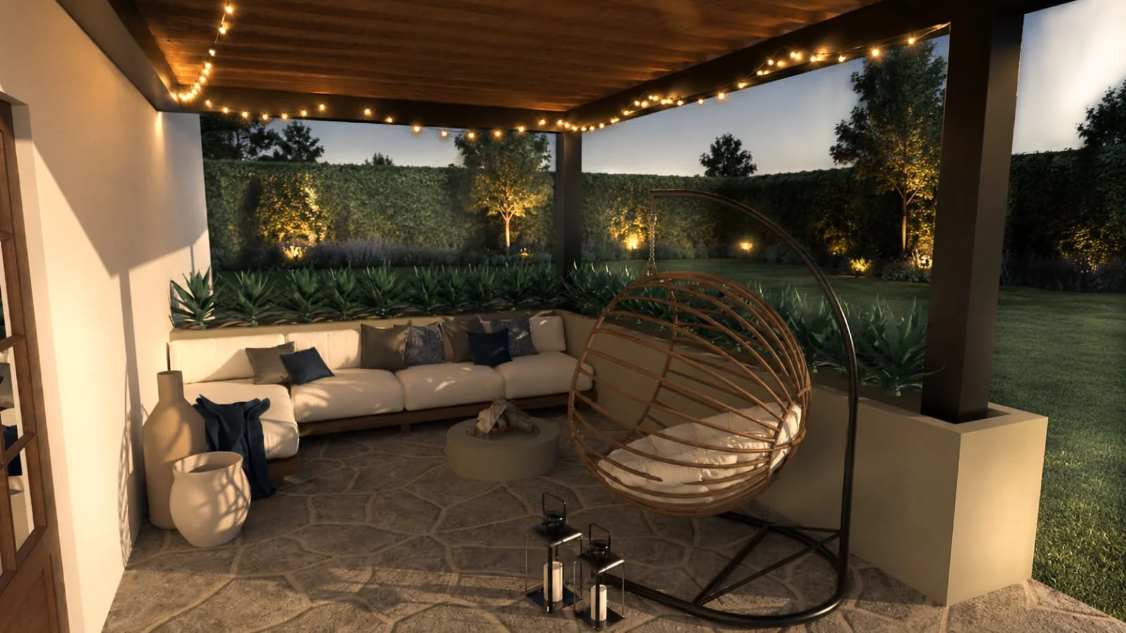 Render de terraza con vegetación, mobiliario y luz cálida de Volna Atelier